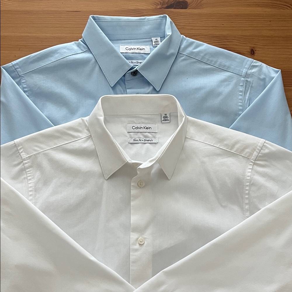 Calvin Klein Boy Slim Fit Dress Shirts — White & Light Blue